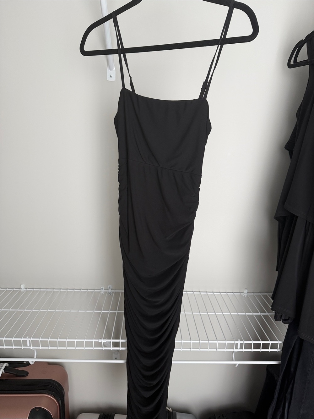 Showpo Black Ruched Spaghetti-Strap Midi Dress